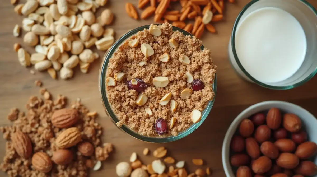 A selection of common granola bar allergens including peanuts, tree nuts, and milk on a wooden table.