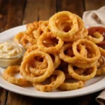 A plate of golden, crispy potato rings served with dipping sauce.