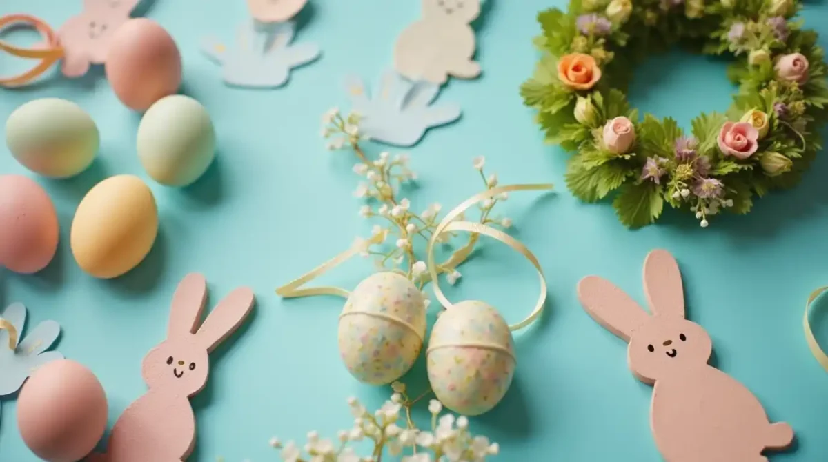 DIY Easter crafts including hand-painted eggs, bunny-shaped garlands, and homemade Easter wreaths.