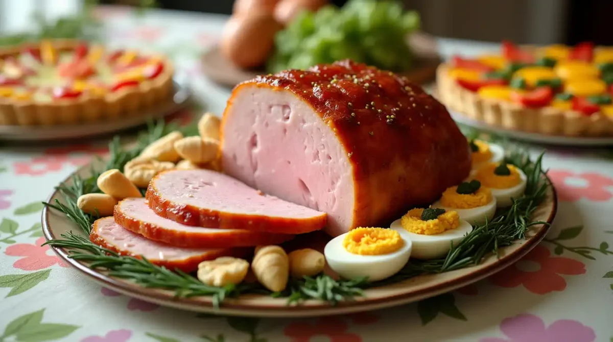 A beautifully arranged Easter brunch table featuring classic dishes like honey-glazed ham, deviled eggs, and a colorful vegetable quiche, perfect for a festive family meal.