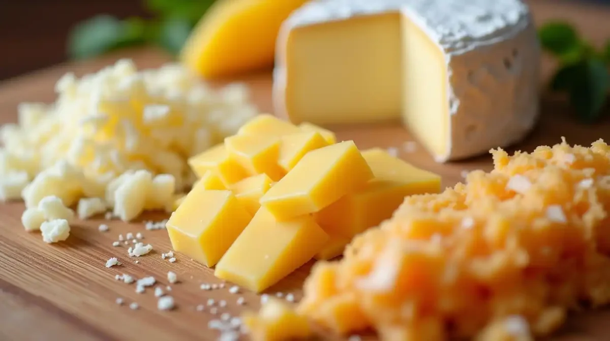 Close-up of different Cheese Guide types including soft Brie, semi-hard Gouda, and hard Parmesan showing their distinct textures.