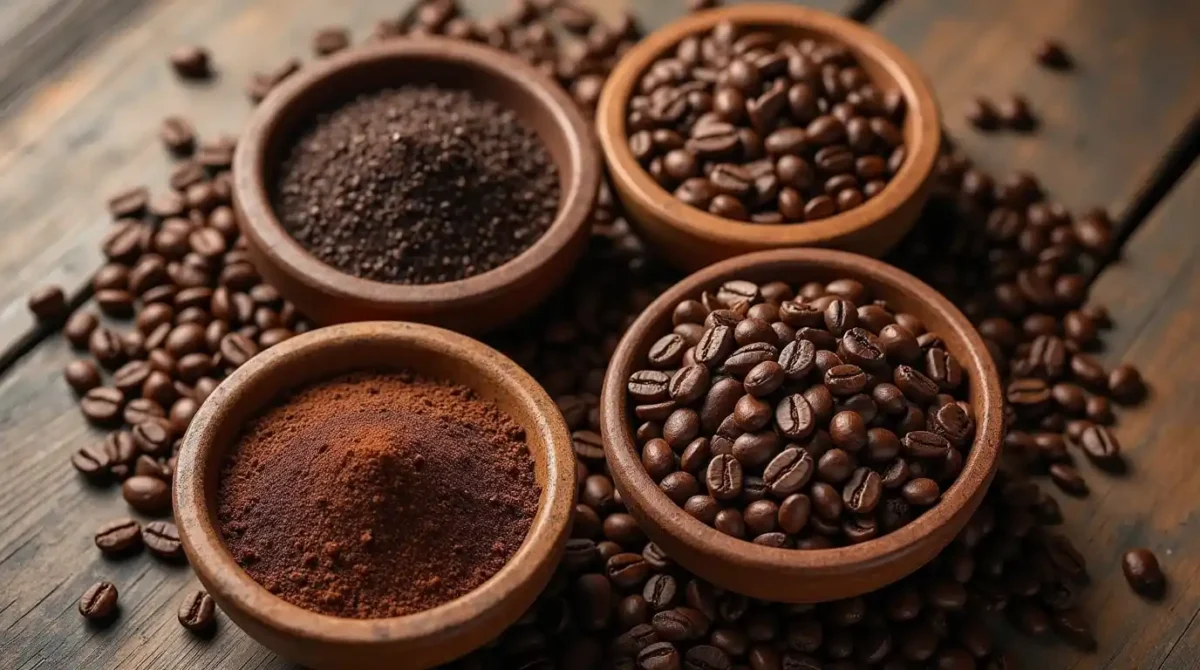 A variety of coffee beans including Arabica, Robusta, Liberica, and Excelsa displayed in small wooden bowls.