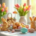 A beautifully decorated Easter table with colorful eggs, fresh spring flowers, and festive decorations for Easter 2025.