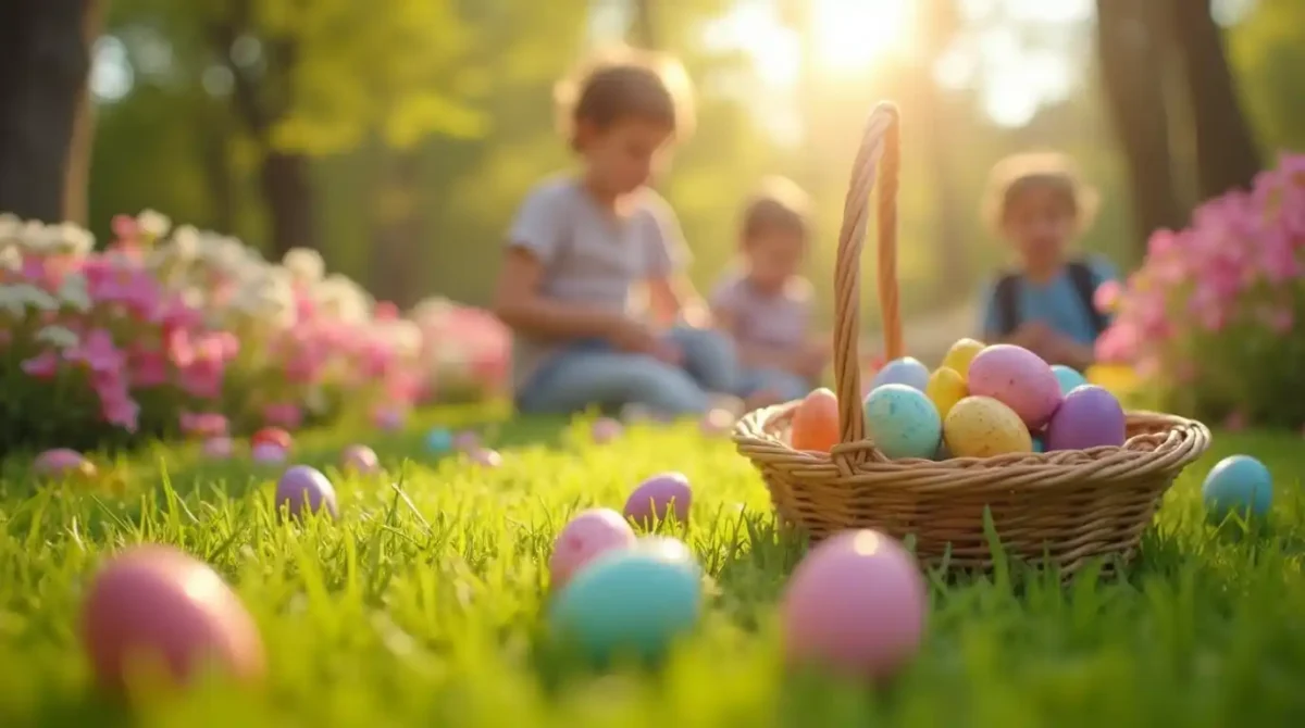 Kids enjoying a traditional Easter egg hunt outdoors, searching for colorful eggs hidden among spring flowers and green grass.