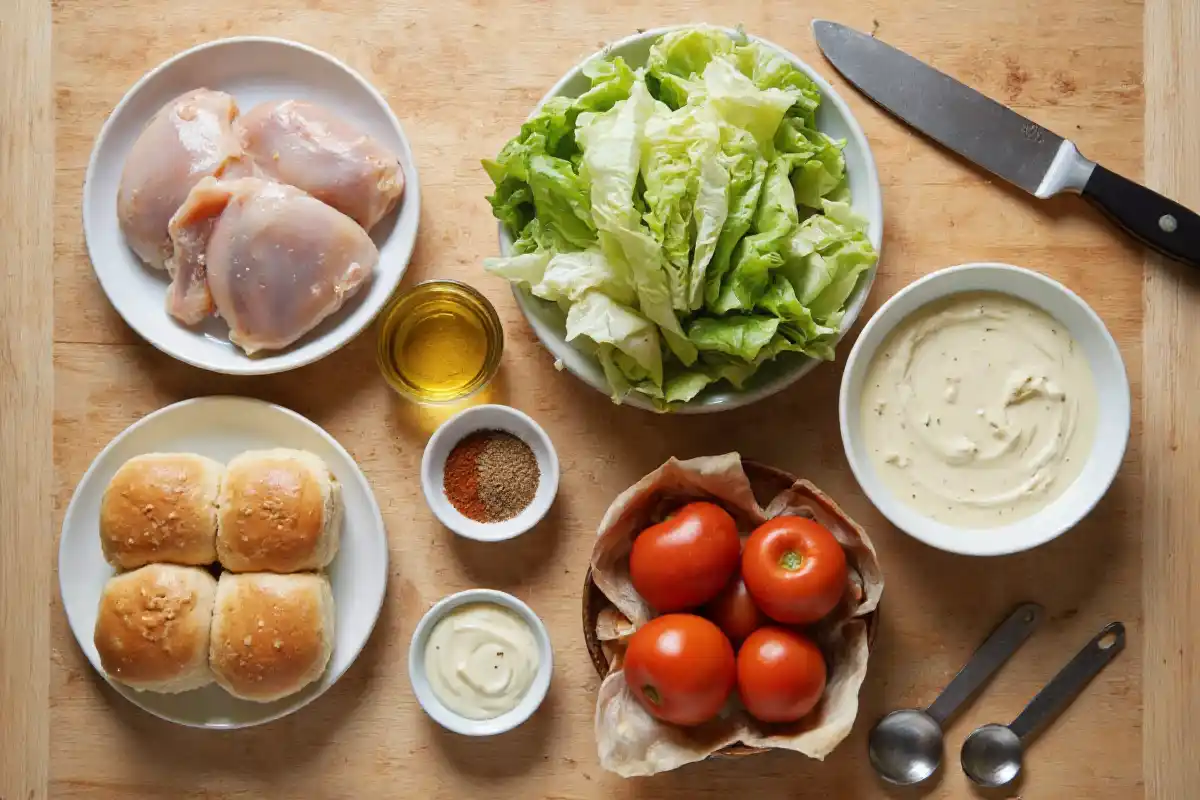 : Fresh ingredients for blackened chicken sliders, including chicken breasts, Cajun seasoning, buns, lettuce, tomatoes, and sauce
