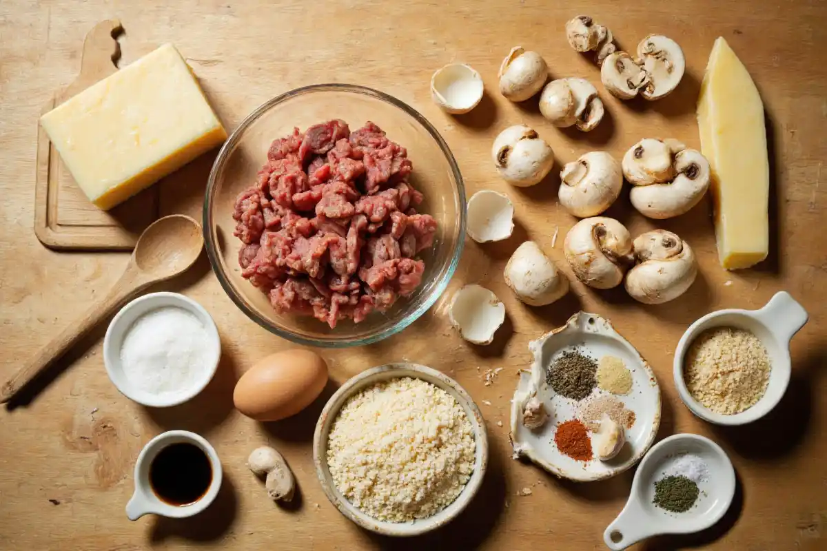 A top-down view of fresh ingredients for Mushroom Swiss Cheese Meatloaf, including ground beef, Swiss cheese, mushrooms, breadcrumbs, and seasonings.