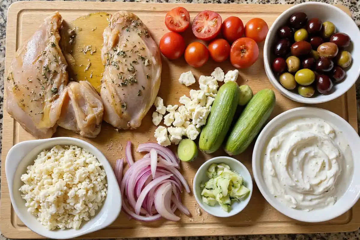 Fresh ingredients for a Greek Chicken Bowl, including raw marinated chicken, cucumbers, tomatoes, red onion, olives, feta cheese, tzatziki sauce, and rice, arranged neatly on a wooden cutting board.
