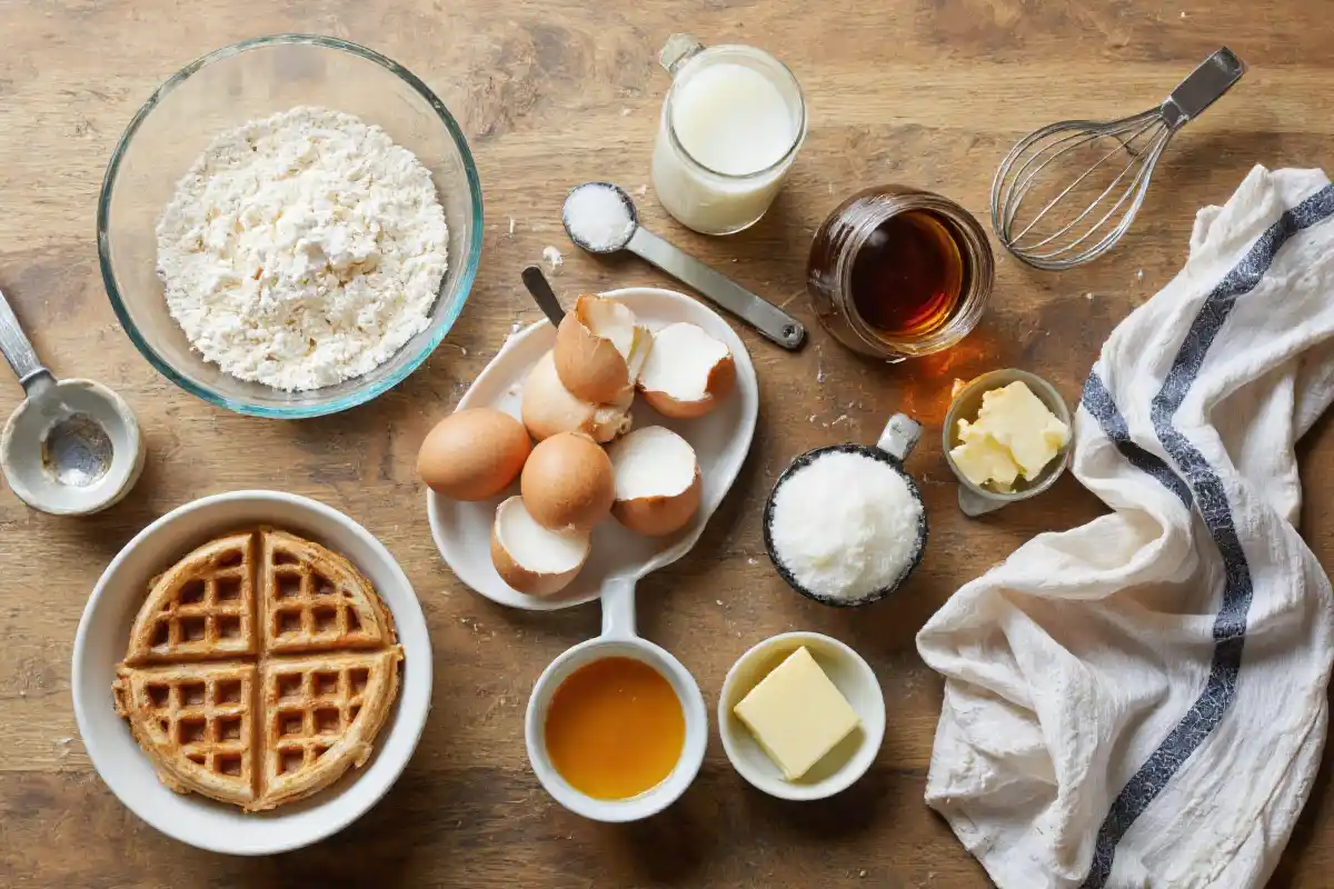 Fresh waffle recall ingredients including flour, eggs, milk, butter, sugar, and vanilla extract, arranged on a wooden countertop