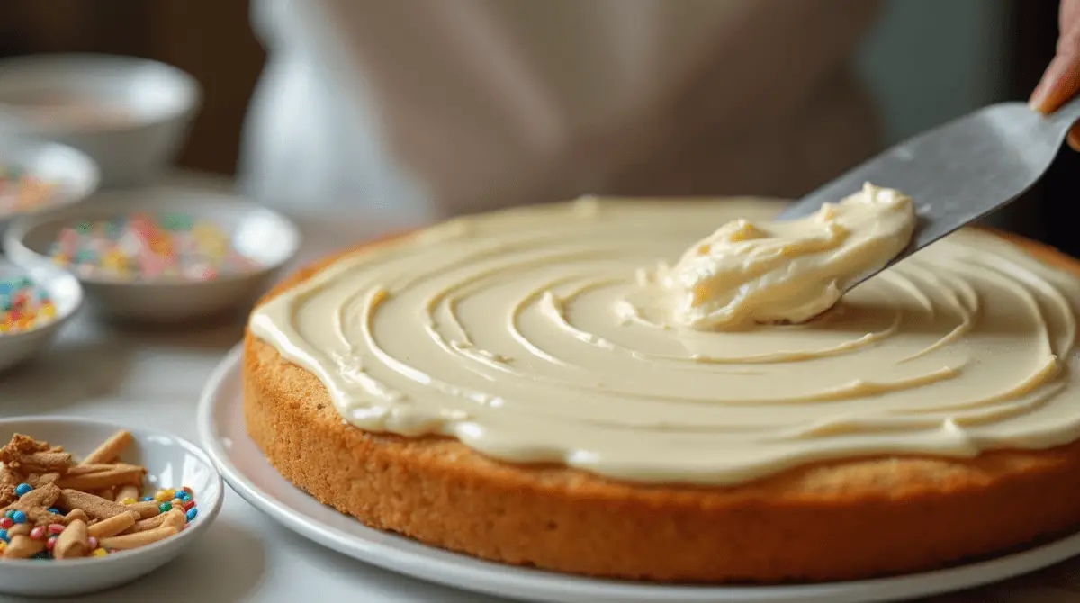 A hand spreading vanilla frosting over a freshly baked cake, ready for decoration with sprinkles and cinnamon twists.