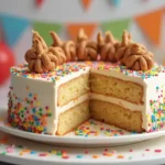 A full slice of Taco Bell-inspired birthday cake served on a festive plate with colorful decorations in the background.