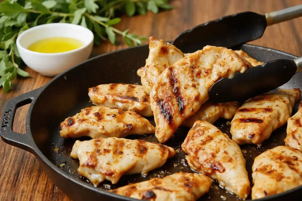 Juicy marinated Greek chicken grilling on a hot cast-iron pan, with a golden-brown sear and slightly charred edges, releasing flavorful juices.