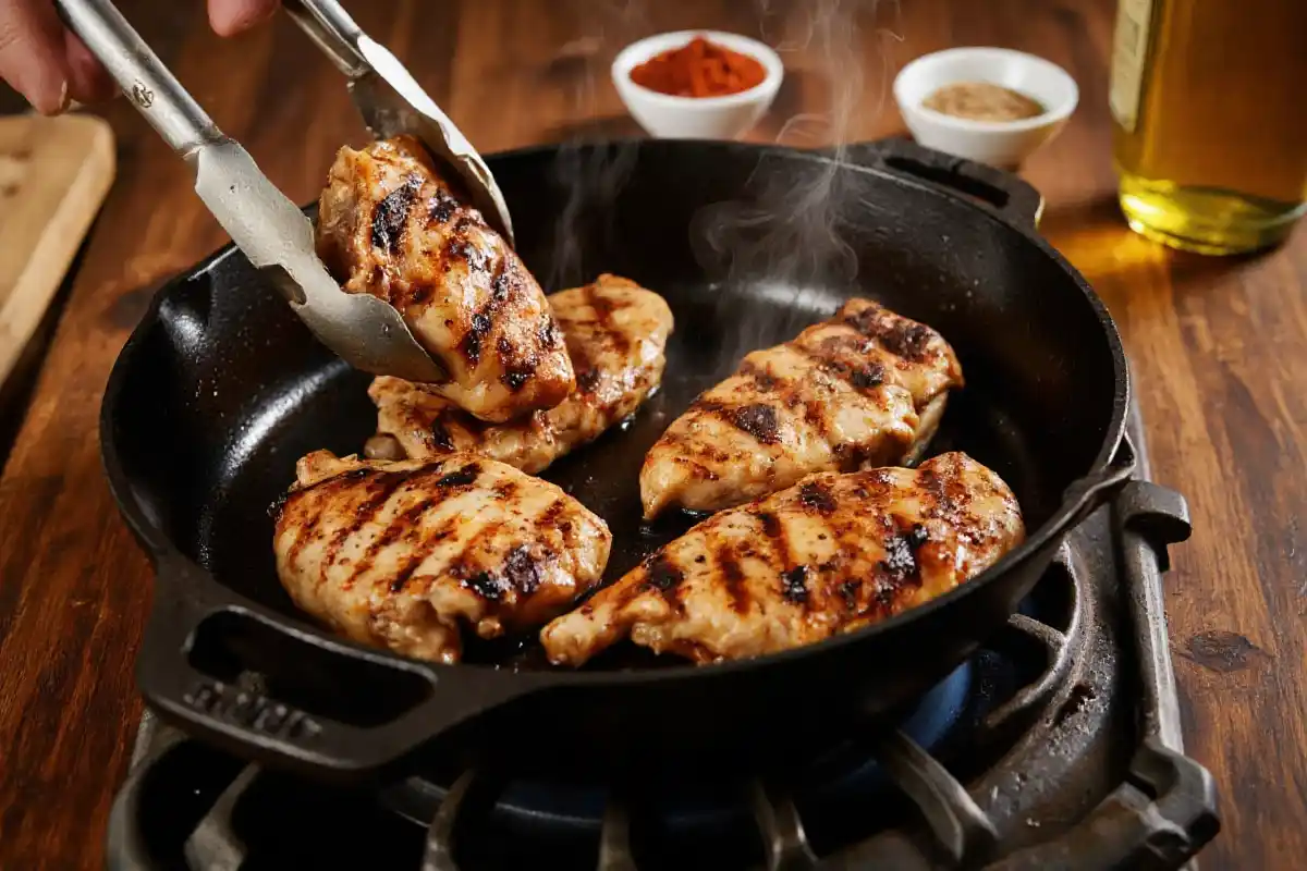 Chicken breast pieces coated with Cajun seasoning, ready to be cooked in a cast-iron skillet.