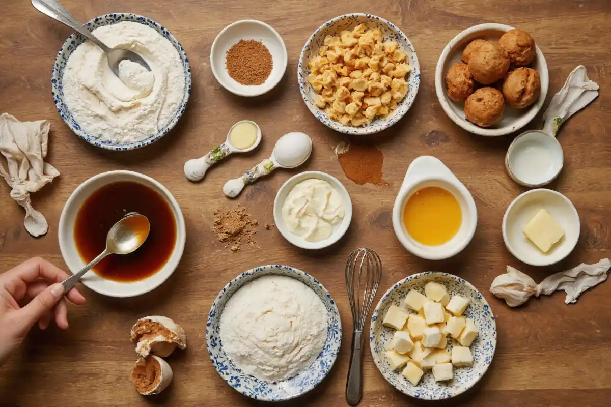 A top-down view of cinnamon sugar cream muffin ingredients on a wooden surface, including flour, eggs, sugar, and butter.