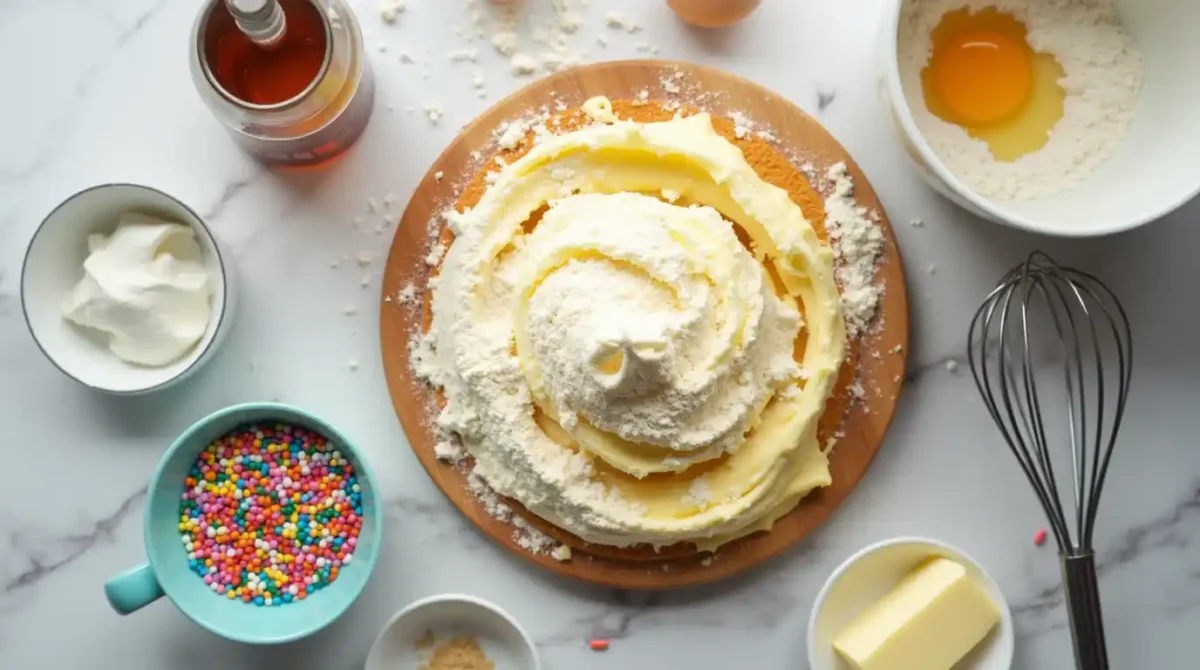 A flat lay of ingredients for making a Taco Bell birthday cake, including flour, sugar, butter, eggs, and rainbow sprinkles.
