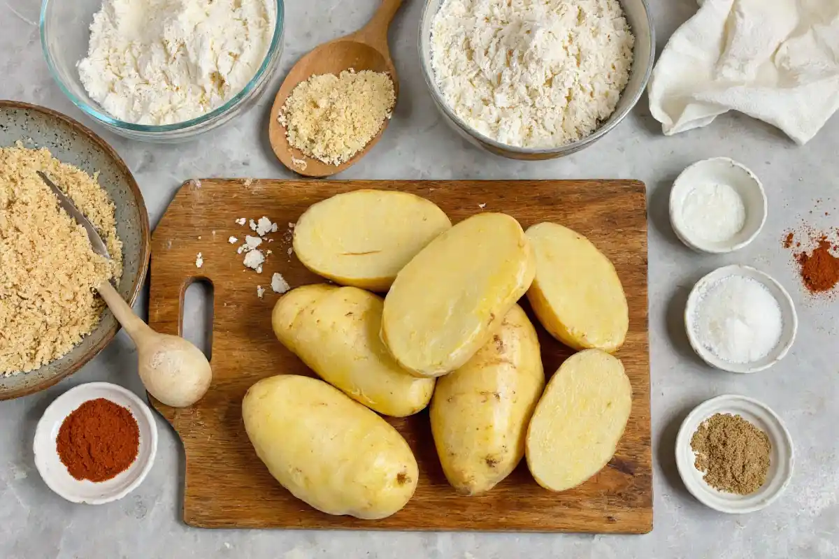 Peeled potatoes, flour, cornstarch, breadcrumbs, and seasonings arranged on a countertop.