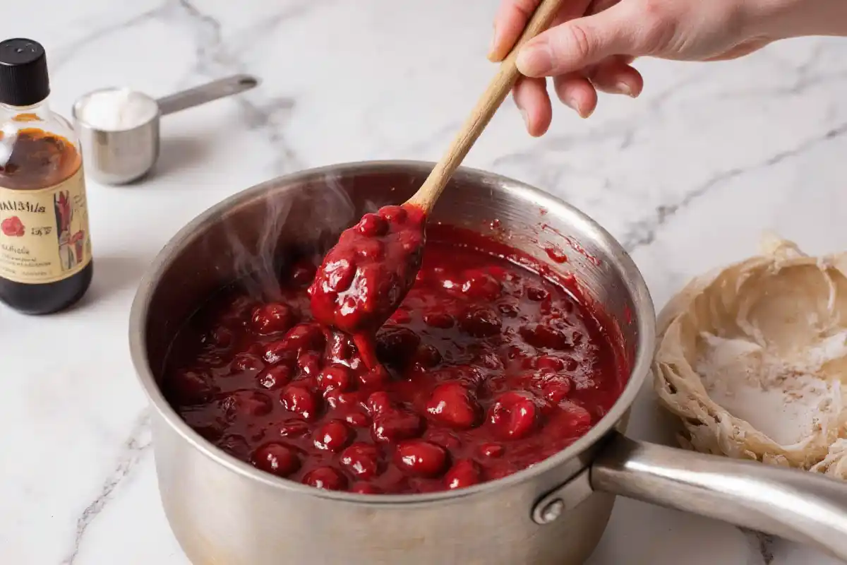 A thick, glossy Homemade Cherry Pie filling being stirred in a saucepan with a wooden spoon.