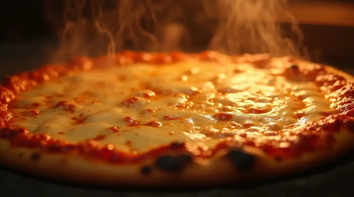 Cheese melting on top of a freshly baked pizza in a wood-fired oven, creating a gooey texture.