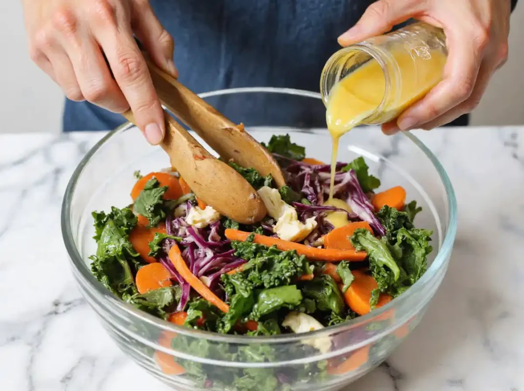 A person mixing a fresh detox salad with a wooden spoon and adding lemon dressing.