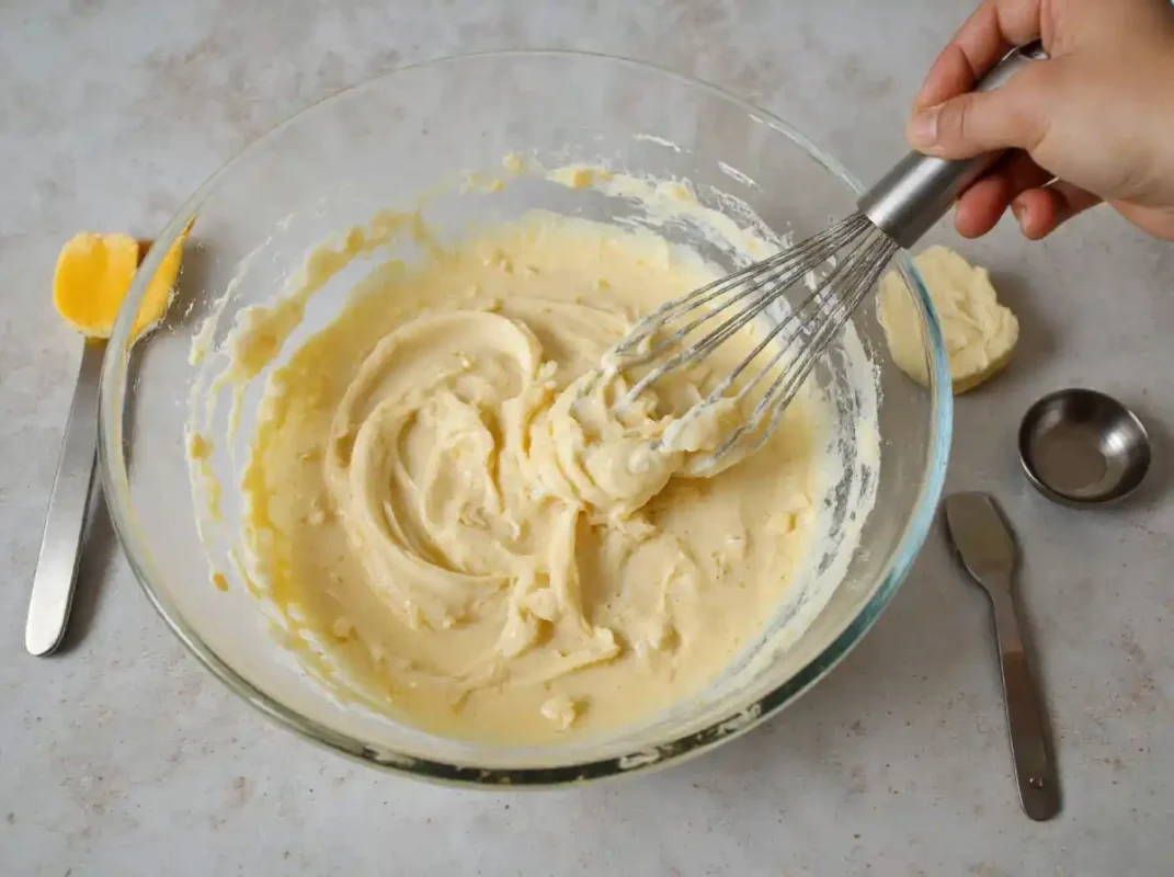 Mixing homemade pancake batter in a bowl.