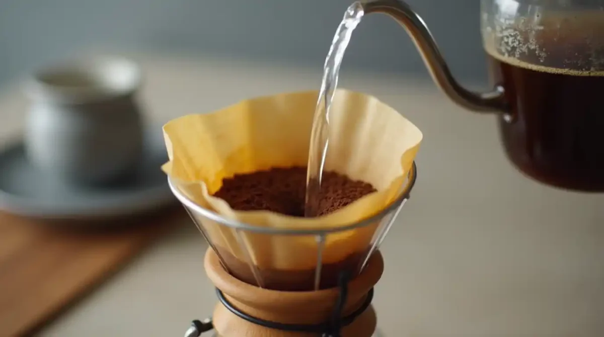 Hot water being poured over coffee grounds in a pour-over coffee setup with a glass carafe underneath.