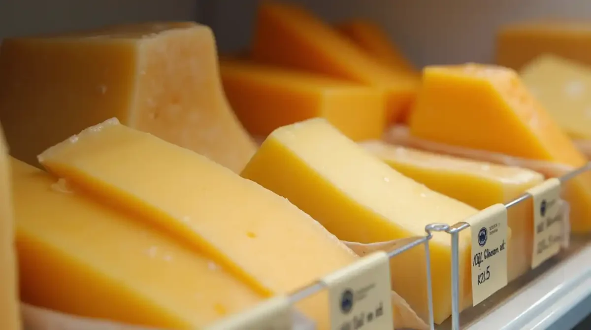 Various cheese wedges wrapped in wax paper and stored in a refrigerator drawer to maintain freshness.