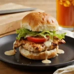 A plate of fully assembled blackened chicken sliders with melted cheese, fresh toppings, and a side of fries.