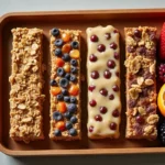 A variety of healthy granola bars from brands like Kind, RXBAR, and Lärabar arranged on a wooden tray.