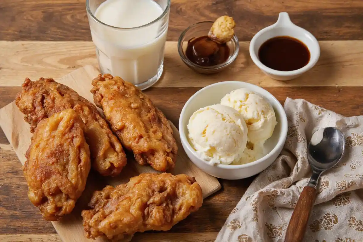 Fresh ingredients for a homemade Wendy’s Frosty, including vanilla ice cream, milk, and chocolate syrup, arranged on a wooden countertop.