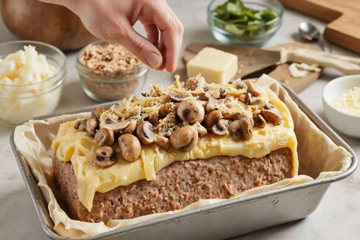 Mushroom Swiss Cheese Meatloaf being assembled in a loaf pan, layered with sautéed mushrooms and shredded Swiss cheese.