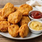 A serving of homemade crispy chicken nuggets with a side of ketchup and honey mustard.