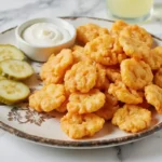 A serving of Dill Pickle Hot Cheetos arranged on a white plate with a side of ranch dip.