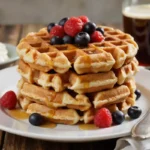 A plated homemade waffle with a crispy golden texture, topped with fresh fruit, maple syrup, and a dusting of powdered sugar.