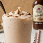 A homemade Wendy’s Frosty topped with whipped cream, chocolate shavings, and a drizzle of chocolate syrup, served in a chilled glass.