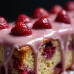 Pineapple Strawberry Pound Cake pound cake with pink glaze and whole strawberries on top