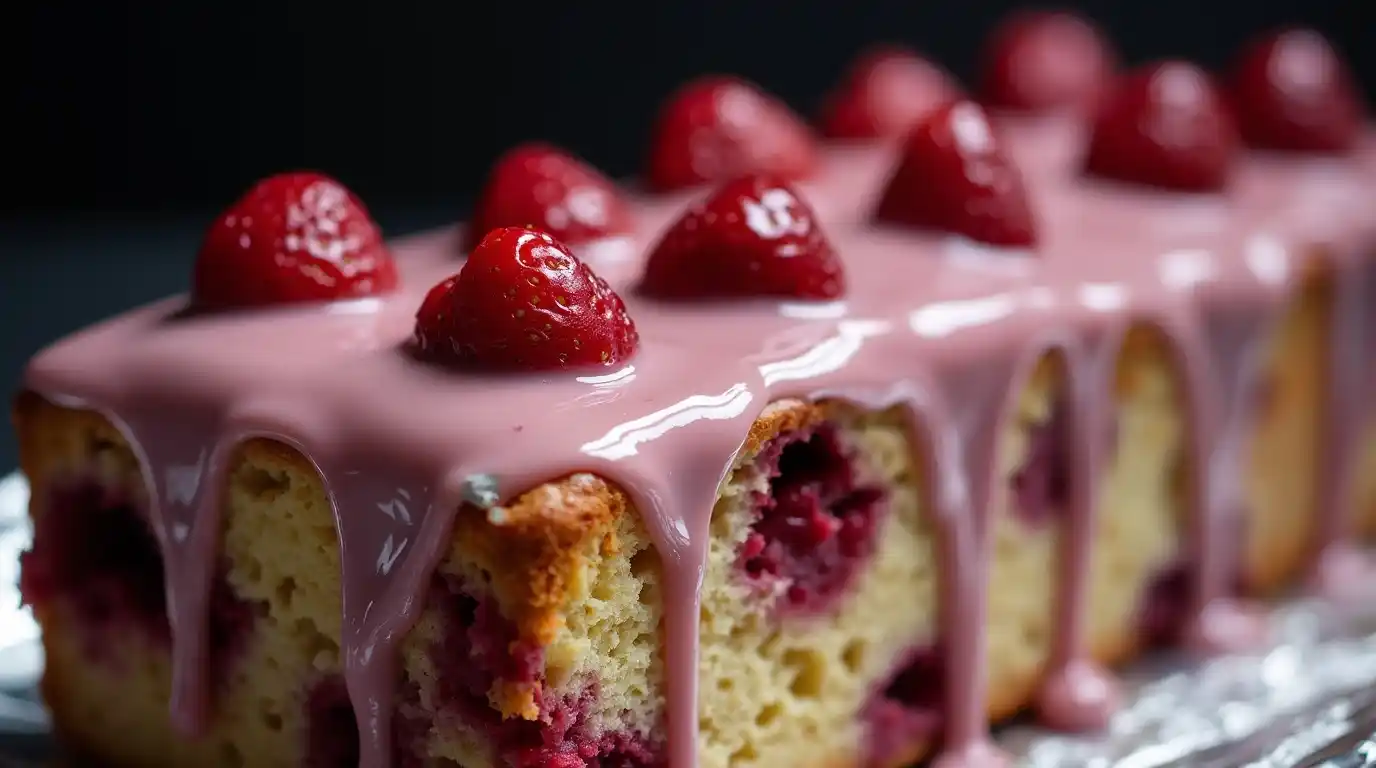 Pineapple Strawberry Pound Cake pound cake with pink glaze and whole strawberries on top