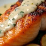 High Protein Salmon Meal Prep A succulent, golden-brown grilled salmon fillet is the star of this dish, draped in a velvety herb-infused cream sauce. The fish rests on a bed of sautéed vegetables, likely spinach and potatoes, adding depth and color. The seared crust and creamy topping create a delicious contrast of texture and flavor.