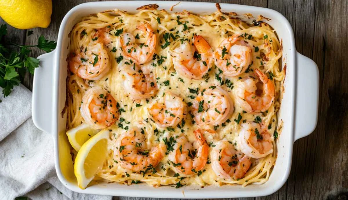 Overhead shot of shrimp scampi pasta bake in a white baking dish
