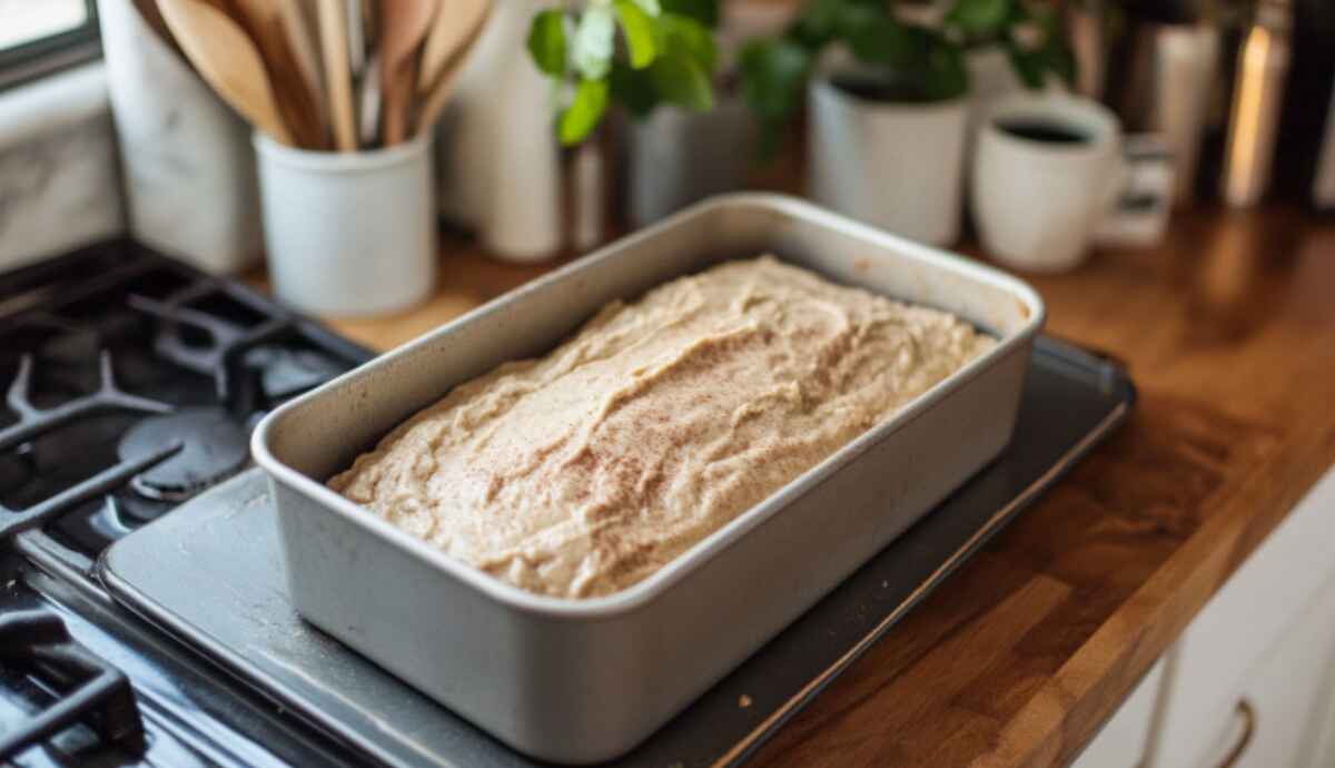 Batter Zucchini bread batter in loaf pan, ready for the oven. The Pan
