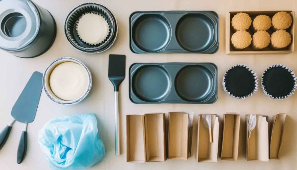 Bento cake baking tools and finished cake in home kitchen