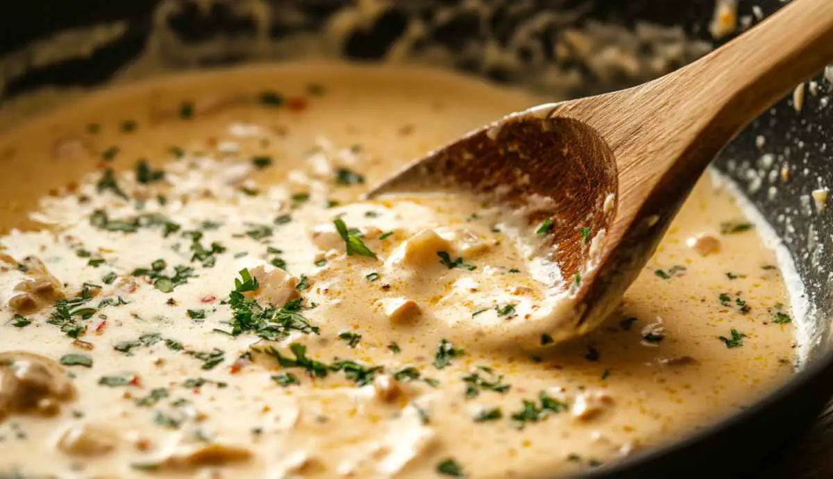Bourbon being added to garlic in hot skillet for cream sauce