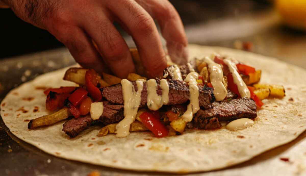 Assembling steak and cheese dirty fry burrito with fries and cheese sauce