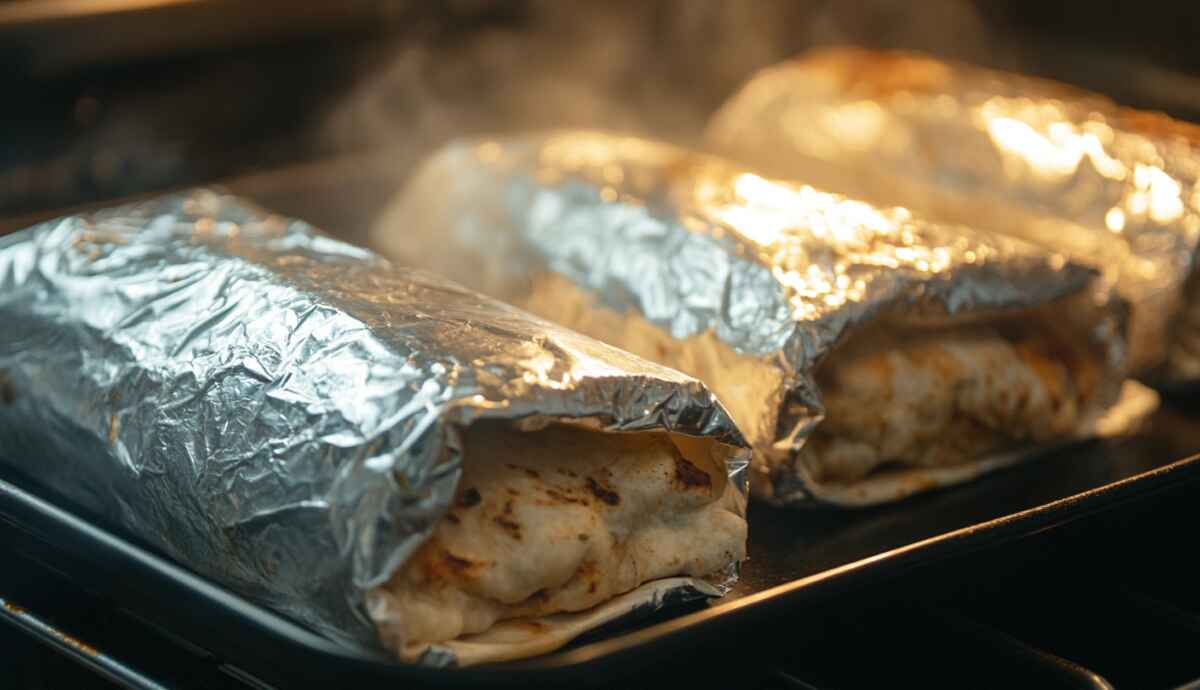 Steak burritos wrapped in foil baking in oven