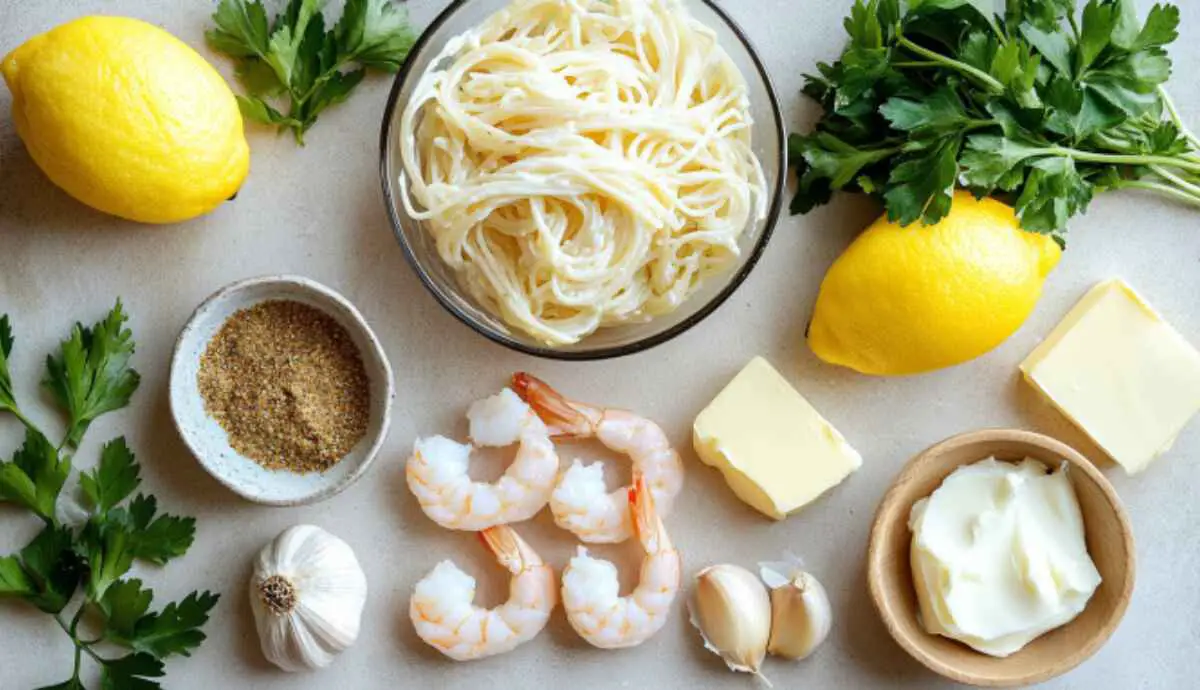 Flat lay of Cajun shrimp scampi ingredients including shrimp, lemon, and cream