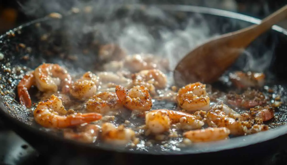 Cajun shrimp cooking in garlic butter in a skillet