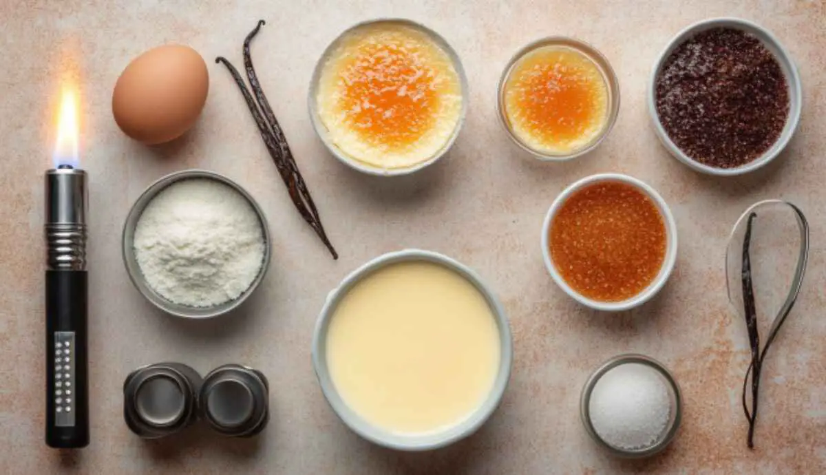 Flat lay of crème brûlée ingredients including cream, eggs, and vanilla