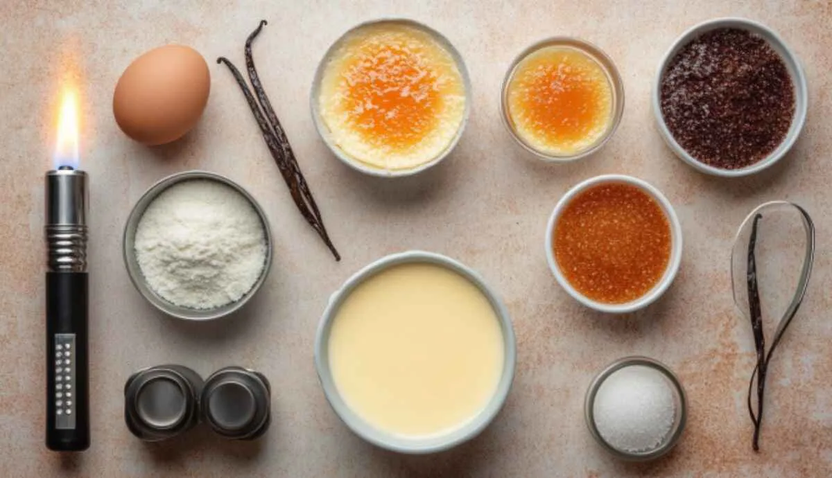 Flat lay of crème brûlée ingredients including cream, eggs, and vanilla