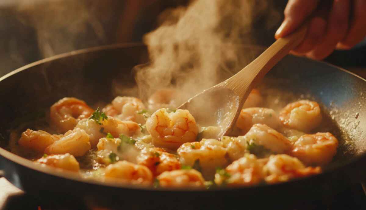 Shrimp cooking in garlic butter in a skillet