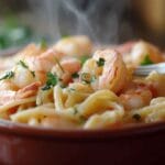 Creamy shrimp scampi pasta bake served on a plate with a fork