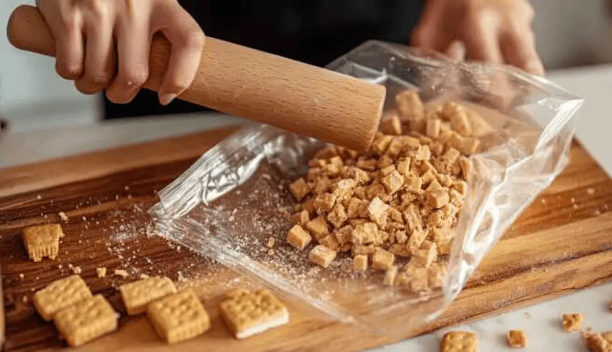 Hands using a rolling pin to crush Butterfinger bars and graham crackers in a zip bag.