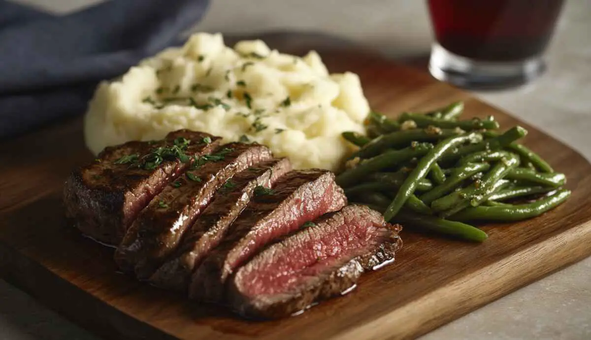 Full steak dinner served with bourbon garlic sauce, potatoes, and green beans